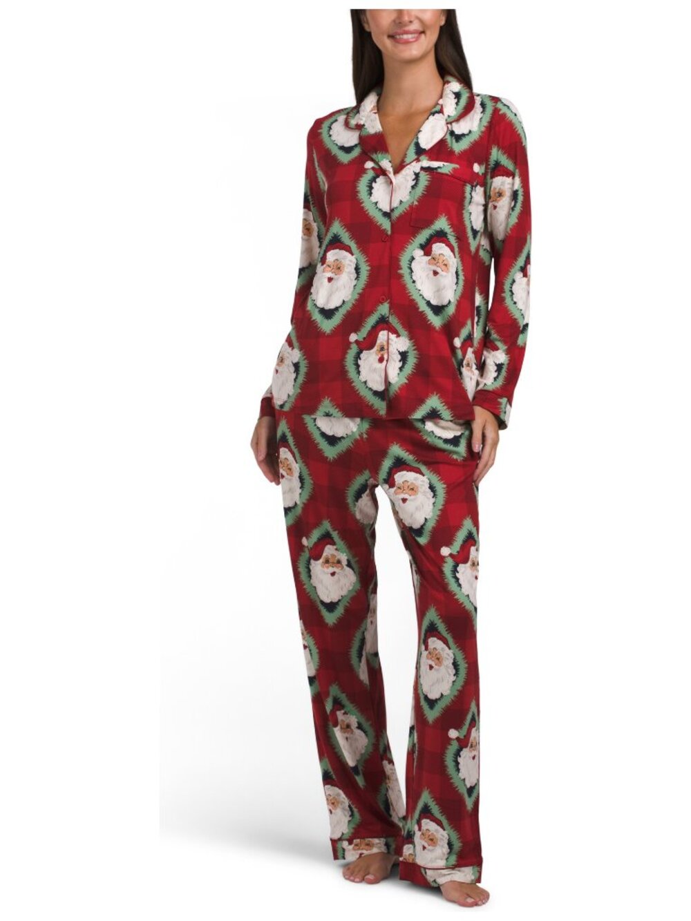 Chelsea Peers Santa Print Notch Collar Pajama Set 2pc Red Christmas PJs NWT